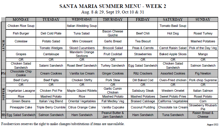 Meal Menu – Santa Maria Senior Citizens Home