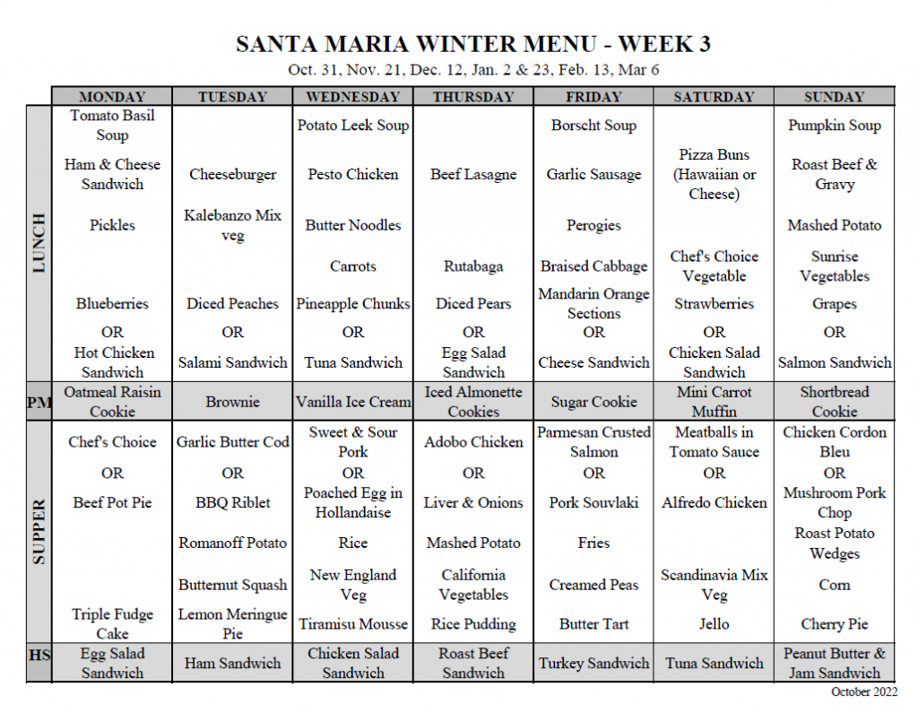 Meal Menu – Santa Maria Senior Citizens Home